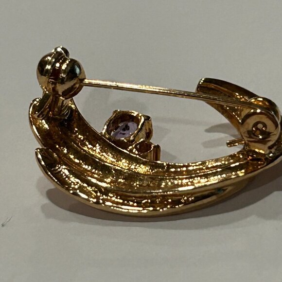 Purple Amethyst Diamond Swirl Brooch Gold Tone Vintage Signed Korea Mid Century - Picture 5 of 8
